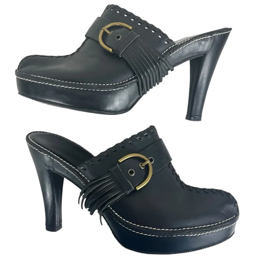 Coach Women 9B Katryna Black Leather 4.5” Heeled Mules‎ Clog Buckle & Fringe